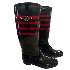 Tommy Hilfiger Blue Red Striped Tall Waterproof Rain Boots HTF Rare